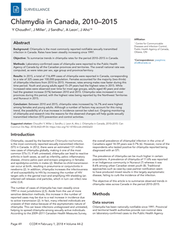 Chlamydia in Canada, 2010–2015 Y Choudhri1, J Miller1, J Sandhu1, a Leon1, J Aho1*