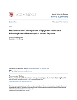 Mechanisms and Consequences of Epigenetic Inheritance Following Parental Preconception Alcohol Exposure
