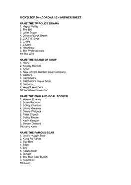 Nick's Top 10 – Corona 10 – Answer Sheet Name the Tv