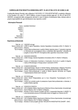 Curriculum Vitae Redatto Ai Sensi Degli Artt. 19, 46 E 47 Del Dpr 28.12.2000