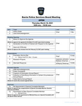Barrie Police Services Board Meeting OPEN Thursday, March 18, 2021 9:00 A.M