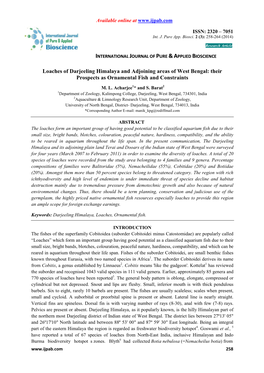 Loaches of Darjeeling Himalaya and Adjoining Areas of West Bengal: Their Prospects As Ornamental Fish and Constraints