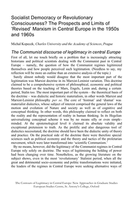 Socialist Democracy Or Revolutionary Consciousness? the Prospects and Limits of ‘Revised’ Marxism in Central Europe in the 1950S and 1960S