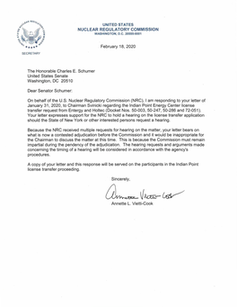 Letters from Secretary Annette Vietti-Cook to Senators Schumer and Gillibrand and Representatives Lowey, Engel and Maloney Re In