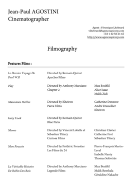 Jean-Paul AGOSTINI Cinematographer Filmography