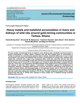 Heavy Metals and Metalloid Accumulation in Livers and Kidneys of Wild Rats Around Gold-Mining Communities in Tarkwa, Ghana