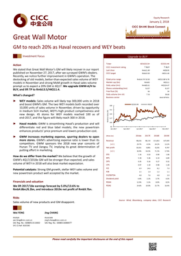 Great Wall Motor GM to Reach 20% As Haval Recovers and WEY Beats