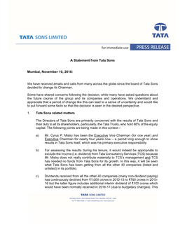 A Statement from Tata Sons Mumbai, November 10, 2016