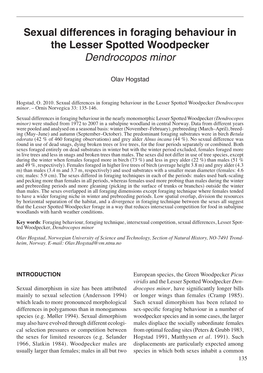 Sexual Differences in Foraging Behaviour in the Lesser Spotted Woodpecker Dendrocopos Minor