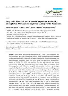 Fatty Acid, Flavonol, and Mineral Composition Variability Among Seven Macrotyloma Uniflorum (Lam.) Verdc