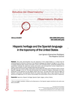 Hispanic Heritage and the Spanish Language in the Toponomy of the United States Estudios Del Observatorio/Observatorio Studies