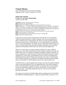 Virtual Mentor American Medical Association Journal of Ethics September 2001, Volume 3, Number 9: 287-288