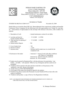 I INDIAN RARE EARTHS LTD Manavalakurichi