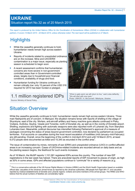 UKRAINE Highlights 1.1 Million Registered Idps Situation Overview