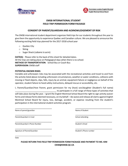 Emsb International Student Field Trip Permission Form Package