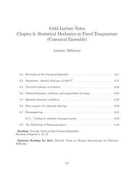 8.044 Lecture Notes Chapter 6: Statistical Mechanics at Fixed Temperature (Canonical Ensemble)
