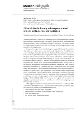 Special Issue Nr. 35: Media Literacy As Intergenerational Project: Skills, Norms, and Mediation