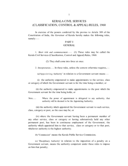 Kerala Civil Services (Classification, Control & Appeal) Rules, 1960