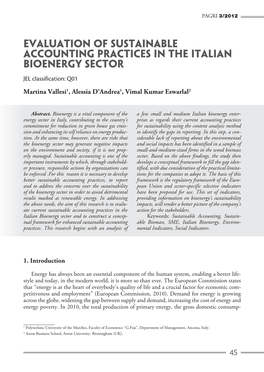 Evaluation of Sustainable Accounting Practices in the Italian Bioenergy Sector JEL Classification: Q01 Martina Vallesi1, Alessia D’Andrea1, Vimal Kumar Eswarlal2