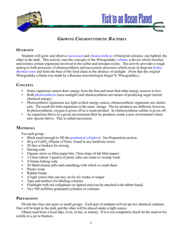 1 Students Will Grow and Observe Succession and Chemosynthesis Of