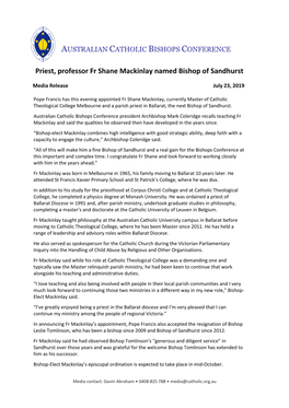 Priest, Professor Fr Shane Mackinlay Named Bishop of Sandhurst