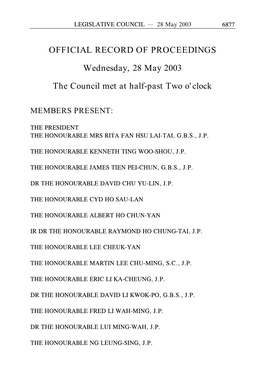 OFFICIAL RECORD of PROCEEDINGS Wednesday, 28