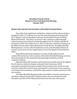 Brooklyn Friends School Report to New York Quarterly Meeting October 2017 Quaker Life and Selected Activities at Brooklyn Friend