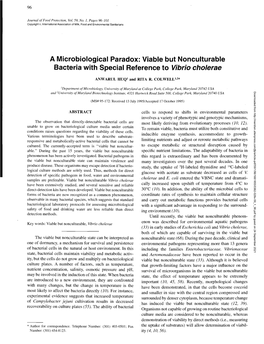 A Microbiological Paradox: Viable but Nonculturable Bacteria with Special Reference to <I>Vibrio Cholerae</I>