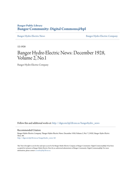 Bangor Hydro Electric News: December 1928, Volume 2, No.1 Bangor Hydro Electric Company