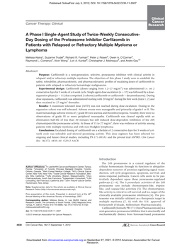 Day Dosing of the Proteasome Inhibitor Carfilzomib in Patients with Relapsed Or Refractory Multiple Myeloma Or Lymphoma