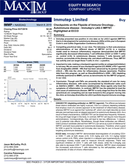 Immutep Limited Buy IMMP - NASDAQ March 8, 2019 Checkpoints on the Flipside of Immune Oncology