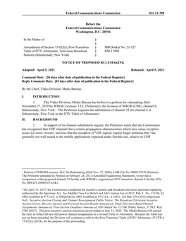 Federal Communications Commission DA 21-398 Before the Federal Communications Commission Washington, D.C. 20554 in the Matter Of