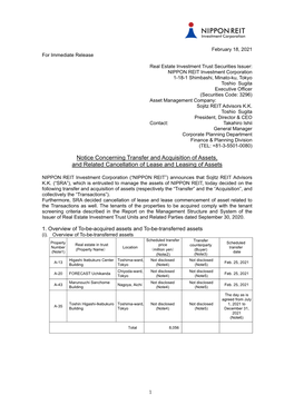 Notice Concerning Transfer and Acquisition of Assets, and Related Cancellation of Lease and Leasing of Assets