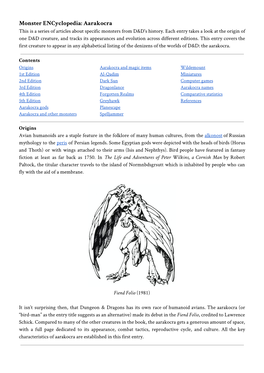 Monster Encyclopedia: Aarakocra This Is a Series of Articles About Specific Monsters from D&D's History