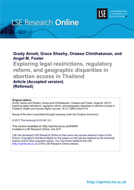 Exploring Legal Restrictions, Regulatory Reform, and Geographic Disparities in Abortion Access in Thailand Article (Accepted Version) (Refereed)