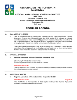 REGIONAL AGRICULTURAL ADVISORY COMMITTEE MEETING Thursday, October 8, 2020 ZOOM / Conference Room - 9848 Aberdeen Road Coldstream, BC 6:00 P.M