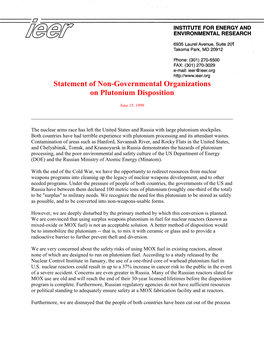 Statement of Non-Governmental Organizations on Plutonium Disposition