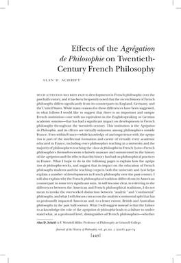 Effects of the Agrégation De Philosophie on Twentieth- Century French Philosophy