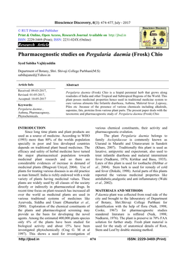 Pharmacognostic Studies on Pergularia Daemia (Frosk) Chio