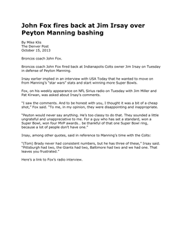 John Fox Fires Back at Jim Irsay Over Peyton Manning Bashing