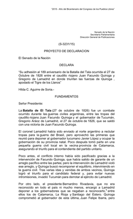 (S-3231/15) PROYECTO DE DECLARACION El Senado De La