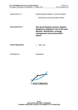 The Short-Beaked Common Dolphin (Delphinus Delphis) in the North-East Atlantic: Distribution, Ecology, Management and Conservation Status