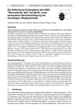 Wernsdorfer See" Bei Berlin Unter Besonderer Berücksichtigung Der Kurzflügler (Staphylinidae)