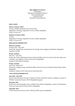 MD ASHRAF UL HASAN Phd Student Department of Biological Sciences Texas Tech University +1(806) 905 8213 Md-Ashraf.Ul-Hasan@Ttu.Edu