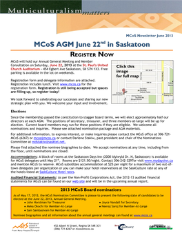 Mcos AGM June 22Nd in Saskatoon REGISTER NOW