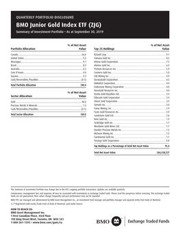 BMO Junior Gold Index ETF (ZJG) Summary of Investment Portfolio • As at September 30, 2019