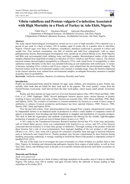 Vibrio Vulnificus and Proteus Vulgaris Co-Infection Associated with High Mortality in a Flock of Turkey in Ado Ekiti, Nigeria