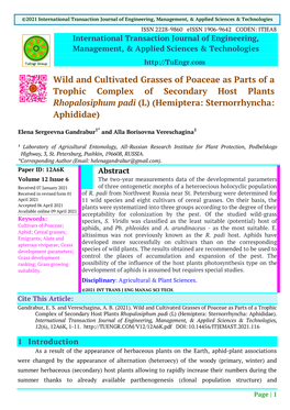 Wild and Cultivated Grasses of Poaceae As Parts of a Trophic Complex of Secondary Host Plants Rhopalosiphum Padi (L) (Hemiptera: Sternorrhyncha: Aphididae)