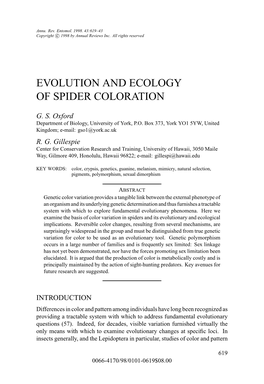Evolution and Ecology of Spider Coloration