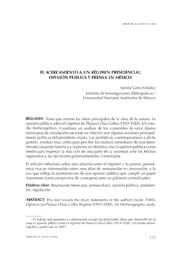 El Acercamiento a Un Régimen Presidencial: Opinión Pública Y Prensa En México*